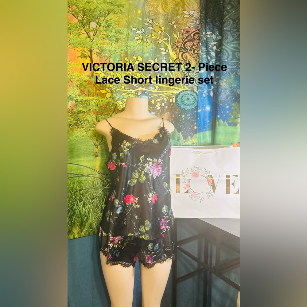 Victoria's Secret Black and Pink Floral Lace Short Lingerie Set:NWOT